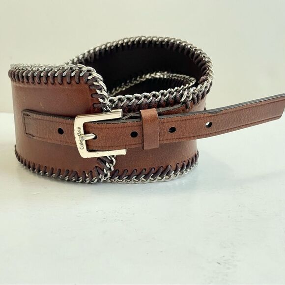 Calvin Klein Brown Leather Belt with Silver Chain Accents Angled Size S - Picture 2 of 8
